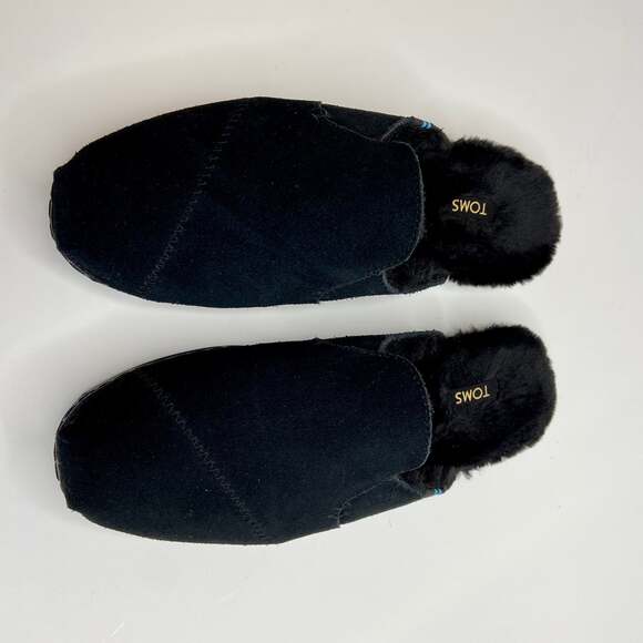 Toms Black Suede Faux Fur Lined Mule Flats - Picture 3 of 7